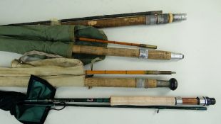 FOUR VARIOUS FISHING RODS, comprising Alcocks President 7ft 2in two piece split cane rod (corroded