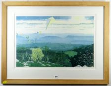 A CHOUDHURI coloured etching - landscape with kite afloat, entitled 'Walking the Dog', signed, 42