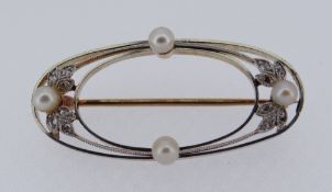 SEED PEARL & DIAMOND BAR BROOCH in yellow metal setting of oval design, in Crouch of Swansea box,