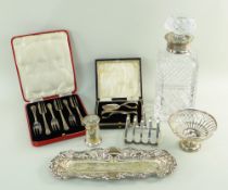 SMALL GROUP OF COLLECTABLE SILVER including modern silver mounted whisky decanter and stopper,