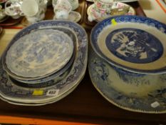ASSORTED STAFFORDSHIRE BLUE & WHITE PRINTED POTTERY including willow pattern cake stand