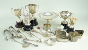 COLLECTION SILVER COLLECTIBLES & TABLEWARES, including 8 napkin rings, 5 small trophy cups, pedestal