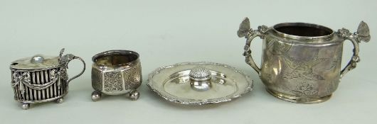 FOUR ITEMS OF SILVER TABLE WARES, including a late Victorian Aesthetic-style sugar bowl with