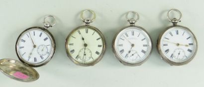 ASSORTED SILVER POCKET WATCHES comprising three open faced and one full hunter, various hallmarks