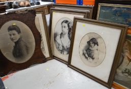 ASSORTED VICTORIAN PICTURES & PRINTS including two Berlin woolwork pictures depicting Ruth at the