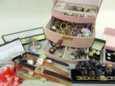 ASSORTED COSTUME JEWELLERY, including seven fashion wrist watches, bracelets, brooches ETC and a