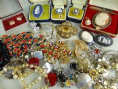 TWO BAGS OF ASSORTED JEWELLERY comprising two pairs of cameo earrings one stamped 9ct, silver set