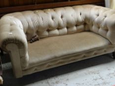 VICTORIAN-STYLE CHESTERFIELD SOFA button-upholstered in olive green velour, 173cms wide