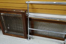 TWO MAHOGANY & BRASS GRILLED RADIATOR COVERS and a vintage steel towel radiator (3)