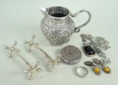 ASSORTED SILVER & JEWELLERY comprising Indian silver jug with serpent handle, white metal filigree