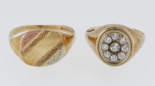 TWO 9CT GOLD RINGS, one a dress ring set with semi-precious stones, size R / S, together with a