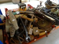 LARGE COLLECTION OF WOOD & METAL DOMESTIC UTENSILS including copper frying pans, wooden mallets,