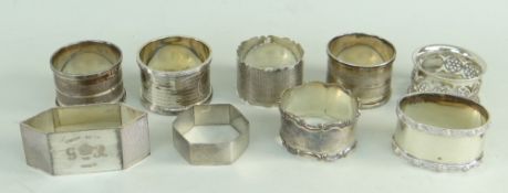 ASSORTED SILVER NAPKINS RINGS of various design to include octagonal, circular and pierced, mixed