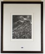 HILARY PAYNTER limited edition (11/100) wood engraving - view from above of Tenby, signed, 29.5 x