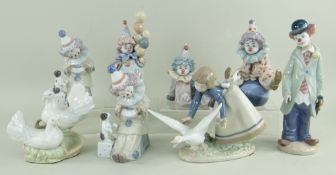 ASSORTED LLADRO FIGURINES including six clowns, goose girl and a Spanish figurine of doves (8)