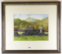 TINA HOLLEY watercolour - landscape with ruins, entitled verso 'Siabod', signed, 27.5 x 38cms