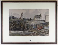 EDEN EVANS mixed media - Tenby harbour with houses beyond, signed, 32.5 x 47.5cms Condition