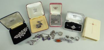 ASSORTED MARCASITE JEWELLERY comprising bar brooches including pearls, earrings, rings, silver and
