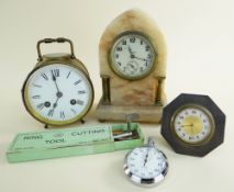 ASSORTED CLOCKS to include silver octagonal '8 Jours' clock, marble 8 day mantel clock, brass drum