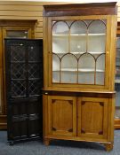 LATE 19TH CENTURY PALE OAK & MAHOGANY CROSS BANDED STANDING CORNER CABINET astragal glazed