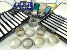 COLLECTION OF BOXED TABLEWARES & SILVER NAPKIN RINGS, including set of 6 George V silver teaspoons