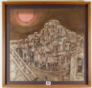 PETER NUTTALL ink and watercolour, fantastical walled hilltop town with bridges, viaducts, signed