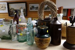 ASSORTED DECORATIVE KITCHEN ORNAMENTS including Doulton Lambeth stoneware John Dewer & Sons whisky