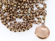 9CT GOLD GUARD CHAIN with 9ct gold engraved circular locket, 45.8gms overall