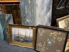 ASSORTED PICTURES & PRINTS including watercolour of beached fishing boats behind a harbour wall