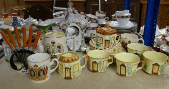 GROUP OF DECORATIVE CABINET CHINA including Art Deco six-piece knife set in fan mount, continental