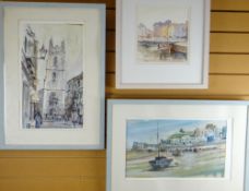 W. DES HAWKINS three watercolours - Church Street, Cardiff: Tenby Harbour: Honfleur Harbour, signed,