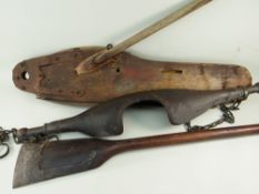 VINTAGE FARMING TOOLS, including a stained beech peat shovel, 116 high, milkmaid's yoke with iron