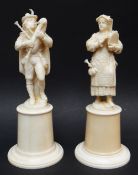 TWO 19TH CENTURY FRENCH IVORY CARVINGS, PROBABLY DIEP, of bag piper and tambourine girl on