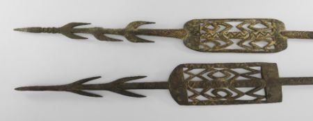 TWO ASMAT SPEARS, Irian Jaya, Indonesian New Guinea, with feather and seed embellishments, 224cms