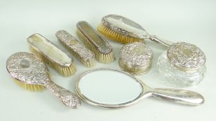 ASSORTED SILVER DRESSING TABLE SETS to include brushes, glass jar, ring box and vanity mirror, mixed