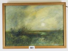 WILLIAM HYDE watercolour - low sun and misty landscape with trees, signed, 22 x 32cms Condition