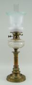 VICTORIAN BRASS & CUT GLASS OIL LAMP with later frosted glass shade