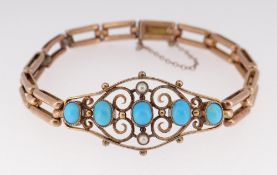 9CT GOLD LADIES BRACELET of pierced scroll design set with turquoise and seed pearls, 15.4gms