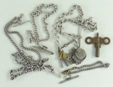 ASSORTED SILVER & WHITE METAL POCKET WATCH CHAINS and clock winder