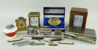 GROUP OF CLOCKS & SMOKING ACCESSORIES, comprising two gilt brass five-glass carriage clock, one with