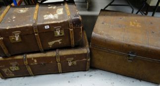 THREE VINTAGE TRUNKS, including painted metal trunk, two wood and metal-bound stiffened canvas