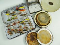 FOUR VINTAGE FLY TINS, including Hardy fly box with 60 salmon flies (internal leaf hinge damaged,