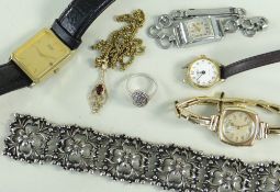 ASSORTED JEWELLERY to include yellow metal pendant on chain, wristwatches, marcasite ring, bracelet