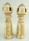 PAIR OF VICTORIAN INDIAN CARVED IVORY CHARPOY LEGS, later decorated in the Mughal style with flowers