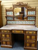 GOOD LATE VICTORIAN 'AESTHETIC' STYLE WASH STAND with glaze tile back, marble-top, floral carved