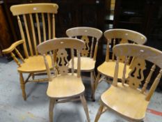 20TH CENTURY VICTORIAN-STYLE WINDSOR CHAIRS, comprising set of four 'kitchen' chairs and a lathe