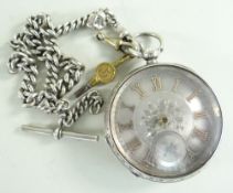 LATE VICTORIAN SILVER POCKET WATCH, open faced, key wind with silvered dial. The movement
