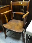 MID 19TH CENTURY FRUITWOOD & ELM SCROLLBACK ARMCHAIR, tablet and urn turned crossbar, saddle seat,