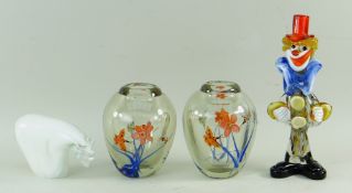PAIR OF MODERN CASED GLASS VASES decorated with butterflies and flowers together with Murano-type