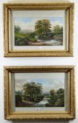 EARLY 20TH CENTURY BRITISH SCHOOL oil on board, a pair - river landscapes, 23 x 41cms